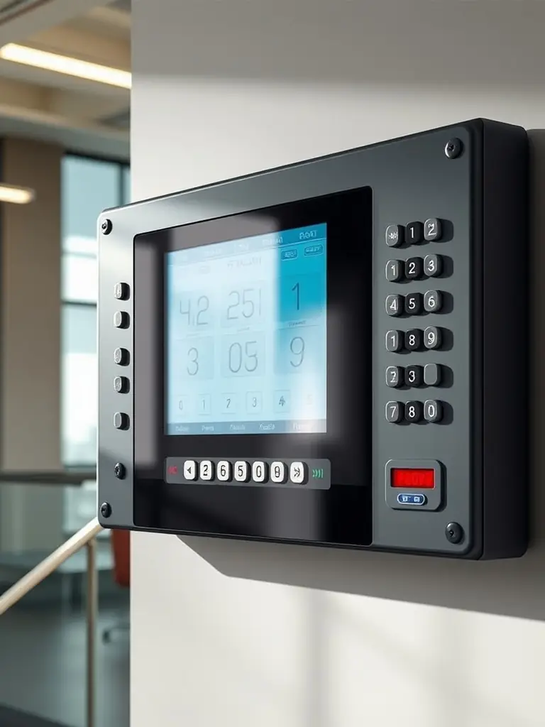 An image of a state-of-the-art fire alarm control panel with various sensors and detectors, highlighting its reliability and comprehensive coverage. The setting should be a modern office building.