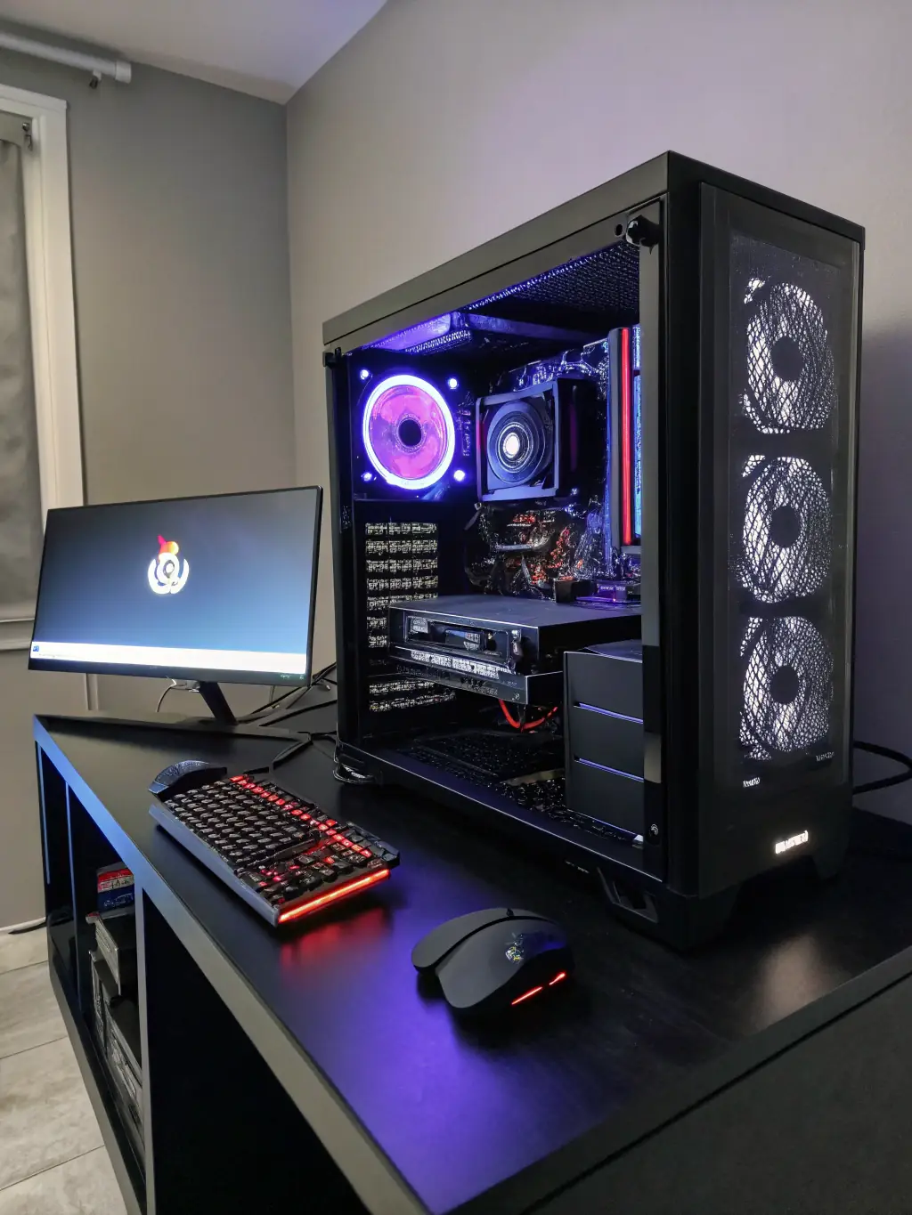 An image of a modern computer setup with high-performance components, including a powerful CPU, graphics card, and cooling system. The scene should convey innovation and technology.